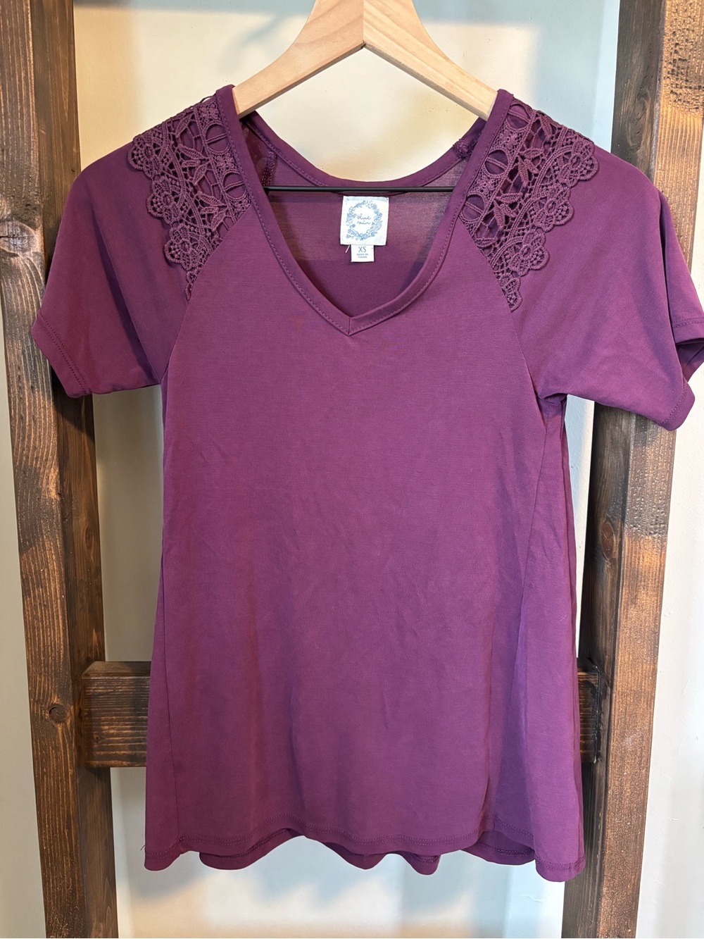 Blue Rain - V-Neck Blouse Top with Lace Trim - XS